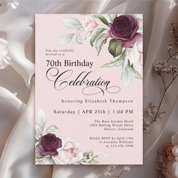elegant watercolor floral pink 70th birthday invitation