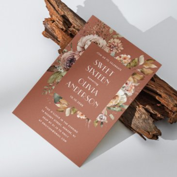 elegant watercolor floral terracotta sweet 16 invitation