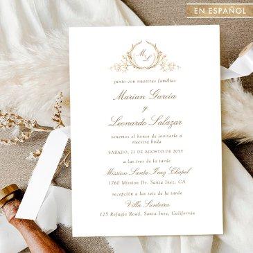 elegant wedding with gold monogram, in spanish invitation
