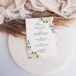 Small Elegant White & Blush Pink Magnolia Floral Wedding Menu Front View