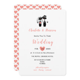 Small Elegant White Coral Cute Whimsy Black Cats Wedding Invitation Front View