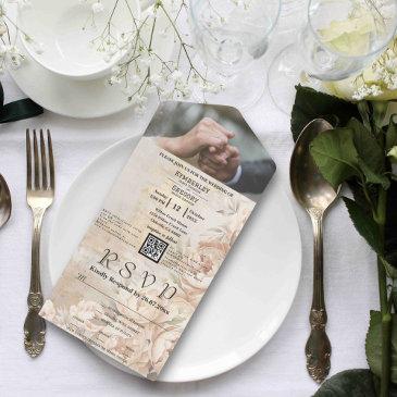 elegant white cream peony floral qr code photo all in one invitation