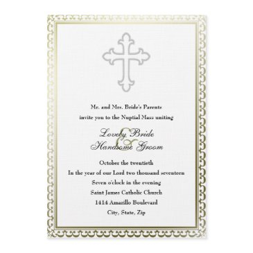elegant white cross catholic wedding invitation