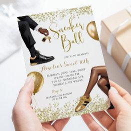Small Elegant White Gold Sneaker Ball 21st Birthday Invitation Front View