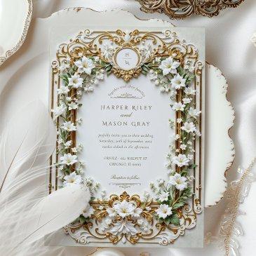 elegant white lilies with faux gold invitation