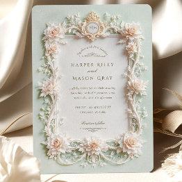 Small Elegant White Roses With Faux Gold Invitation Front View