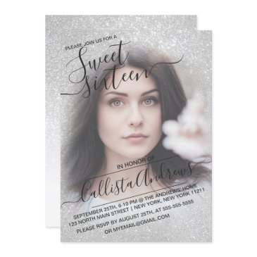 elegant white sparkly glitter ombre photo sweet 16 invitation