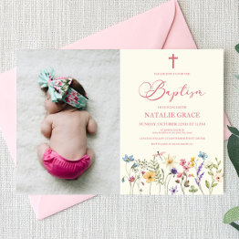 Small Elegant Wildflower Floral Custom Picture Baptism Invitation Front View