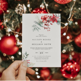 Small Elegant Winter Berry Poinsettia Wedding Invitation Front View