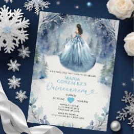 Small Elegant Winter Forest Dusty Blue Dress Quinceañera Invitation Front View