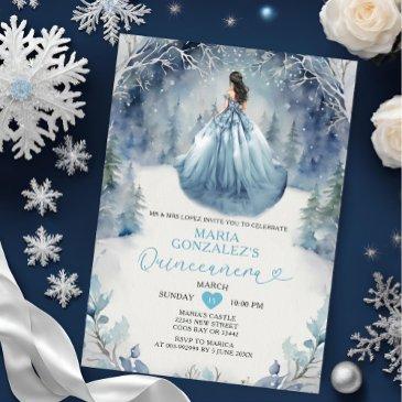 elegant winter forest dusty blue dress quinceañera invitation