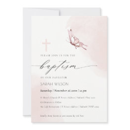 Small Elenant Blush Watercolor Butterfly Baptism Invitation Front View