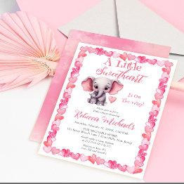 Small Elephant A Little Sweetheart Girl Baby Shower Invitation Front View