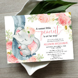 Small Elephant Baby Shower Girl Floral Pink Cream Invitation Front View