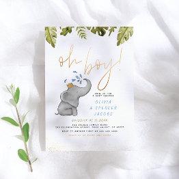 Small Elephant & Jungle Greenery Gold Oh Boy Baby Shower Invitation Front View