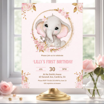 elephant little peanut pink girl 1st birthday invitation