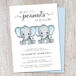 Small Elephant Twin Boys Baby Shower Invitation Front View
