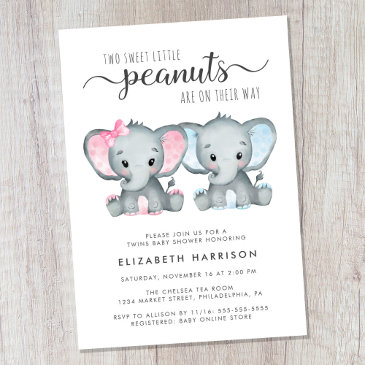 elephant twin girl boy baby shower invitation