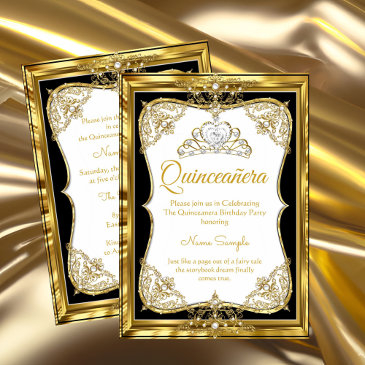 elite gold white black princess quinceanera tiara invitation
