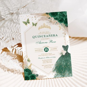 emerald gold quinceañera boho floral mis quince 15 invitation
