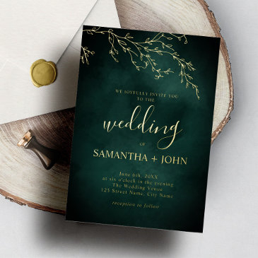 emerald green and gold botanical elegant wedding foil invitation