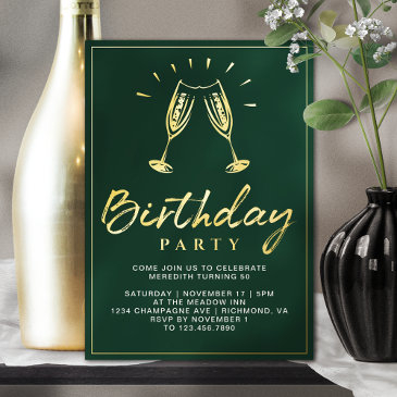 emerald green and gold champagne birthday party foil invitation