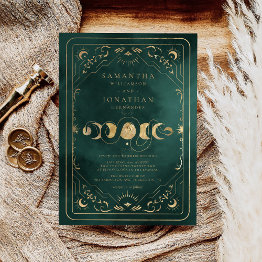 Small Emerald Green & Faux Gold Tarot Celestial Wedding Invitation Front View