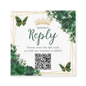 emerald green floral butterfly quinceanera qr code enclosure invitations