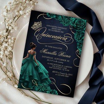 emerald green floral dress quinceañera invitation