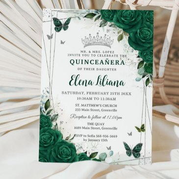 emerald green floral silver quinceañera sweet 16 invitation