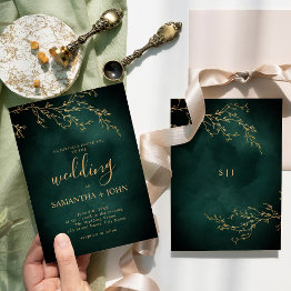 Small Emerald Green & Gold Botanical Elegant Wedding Invitation Front View