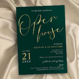Small Emerald Green & Gold Elegant Business Open House Invitation Front View