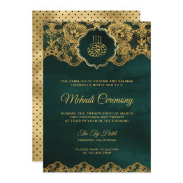 Small Emerald Green Gold Foil Lace Islamic Mehndi Invitation Front View