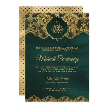 emerald green gold foil lace islamic mehndi invitation