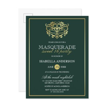 emerald green & gold masquerade sweet 16 party invitation postinvitations