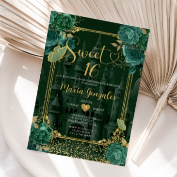 emerald green & gold sweet 16 girl birthday invitation