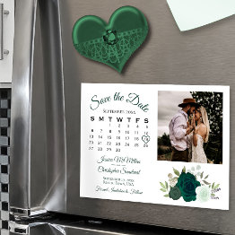 Small Emerald Green Roses Calendar & Photo Save The Date Magnetic Invitation Front View