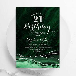 Small Emerald Green Silver Agate Marble 21st Birthday Invitation Front View