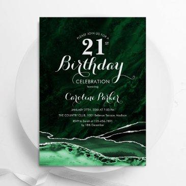 emerald green silver agate marble 21st birthday invitation
