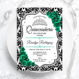 Small Emerald Green Silver Elegant Damask Quinceanera Invitation Front View