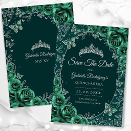Small Emerald Green Silver Quinceanera Save The Date Front View