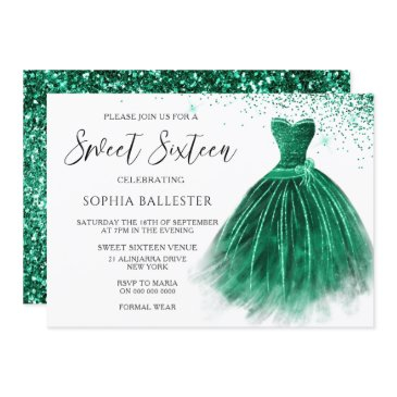 emerald green teal glitter gown sweet 16 party invitation