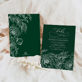 Small Emerald Green White Botanical Floral Baby Shower Invitation Front View