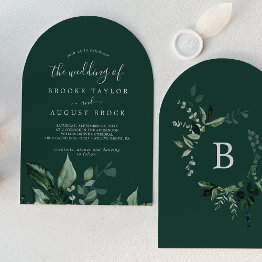 Small Emerald Greenery Dark Green Boho Arch Wedding Invitation Front View