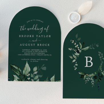 emerald greenery dark green boho arch wedding invitation
