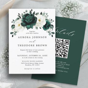 emerald greenery eucalyptus white floral wedding  invitation