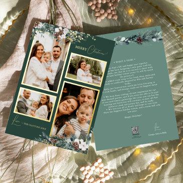 emerald greenery vintage four photo collage foil holiday invitations