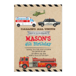 Small Emergency Vehicles Birthday Invitation Front View