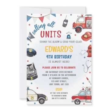 emergency vehicles birthday invite - police, fire