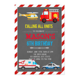 Small Emergency Vehicles Transportation Birthday Invitations Front View